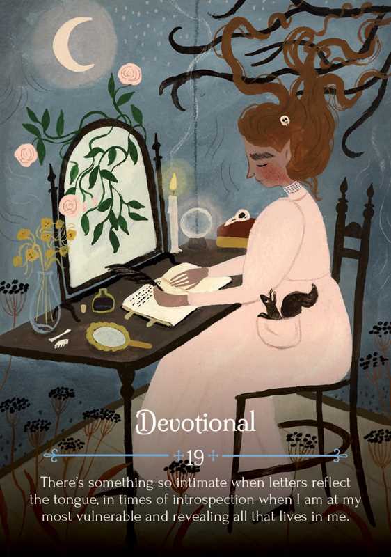 Art from an oracle card depicting a person writing at a desk