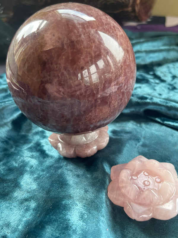 Strawberry Quartz Sphere with Rose Quartz Lotus