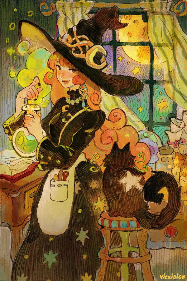 Cute illustration of a witch making a potion