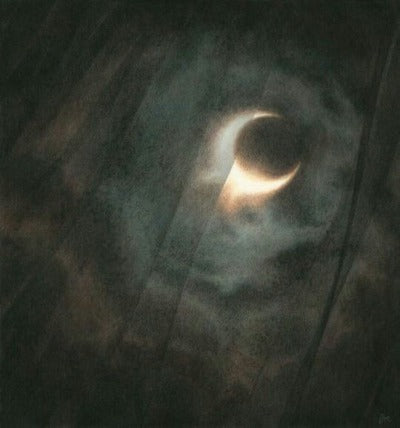 Crescent moon as seen through a sheer curtain on a cloudy night, painting in watercolor