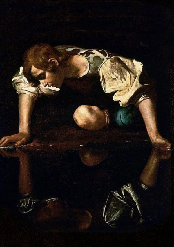 Caravaggio's Narcissus gazing at his reflection in the water