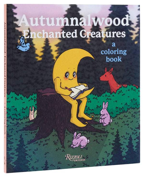 Front cover of Autumnalwood: Enchanted Creatures coloring book - a smiling crescent moon character sitting on a tree stump reading, surrounded by rabbits, a red deer, a bluebird, and snails in a twilight forest