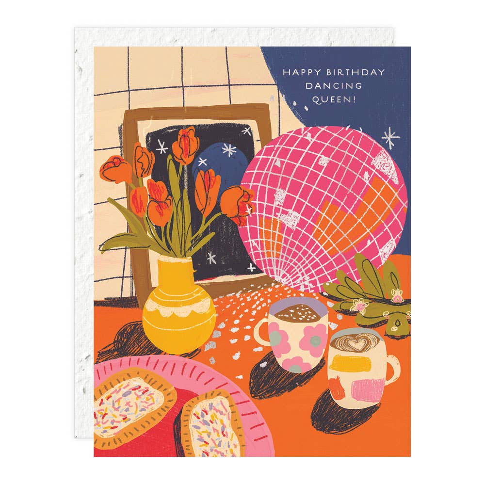 Illustrated birthday card with coffee, donuts, and flowers on a table.
