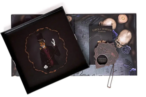 Gothic-themed product packaging with a character design and decorative elements.