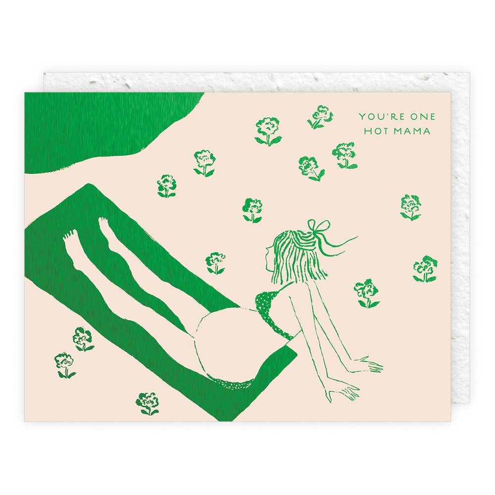 Greeting card with green illustrations of a woman and child on a beige background with floral patterns.