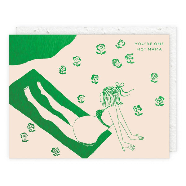 Greeting card with green illustrations of a woman and child on a beige background with floral patterns.