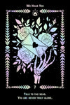 A tarot-style art print featuring a black background with a pastel iridescent border, a skeletal hand holding an open envelope, and roses. The text reads 'WE HEAR YOU' at the top and 'TALK TO THE DEAD.