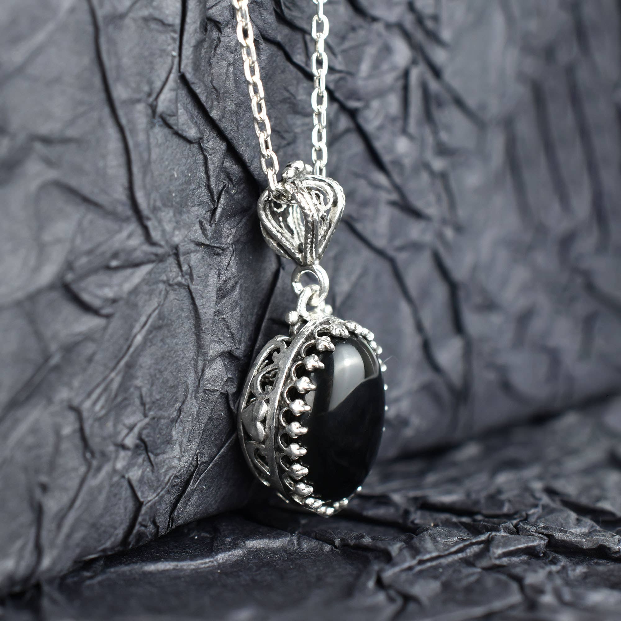 Black Onyx & Sterling Silver Heart Necklace