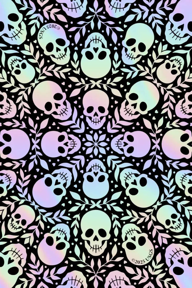 A repeating gothic pattern featuring pastel iridescent skulls and floral motifs on a black background.