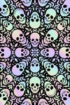 A repeating gothic pattern featuring pastel iridescent skulls and floral motifs on a black background.