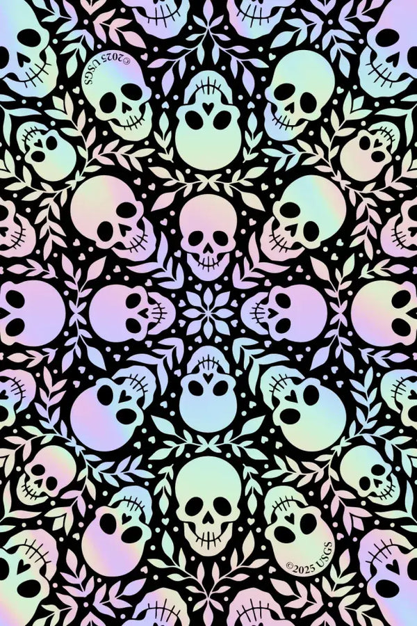 A repeating gothic pattern featuring pastel iridescent skulls and floral motifs on a black background.