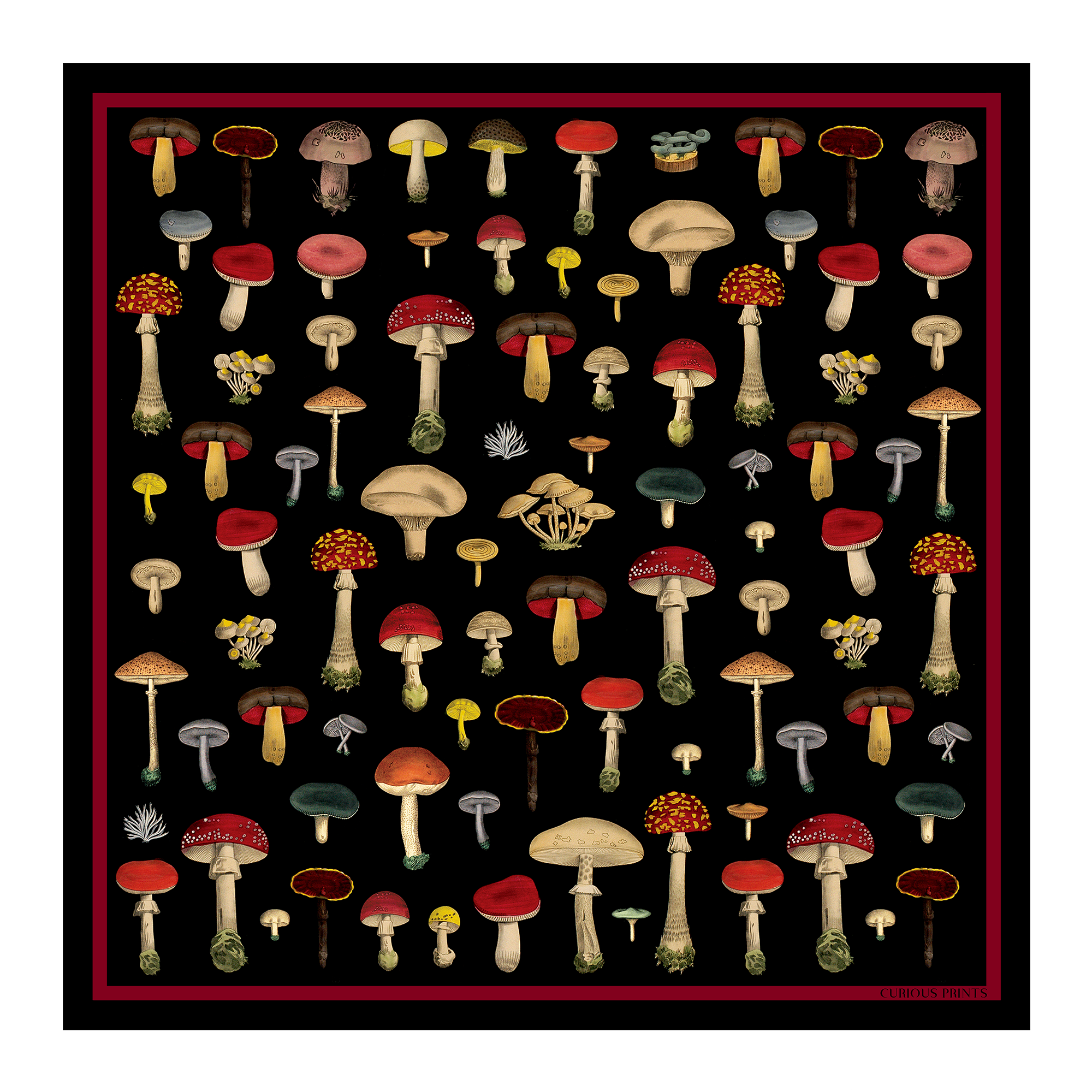 Vintage Black Mushroom Silk Bandana - 17 x 17 Inches