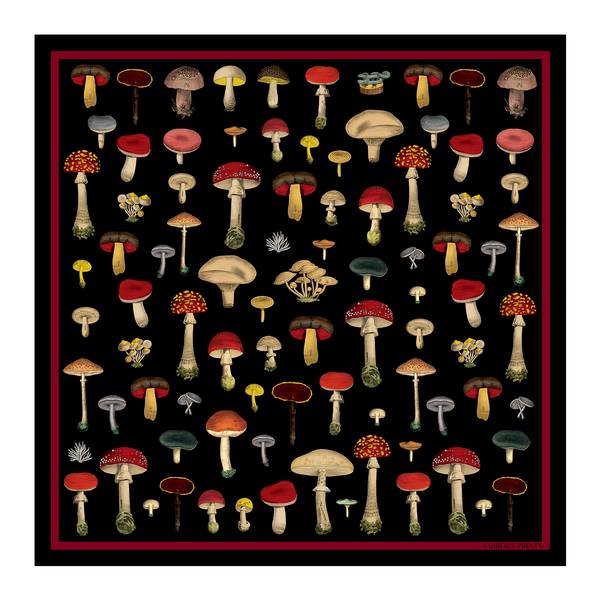 Vintage Black Mushroom Silk Bandana - 17 x 17 Inches