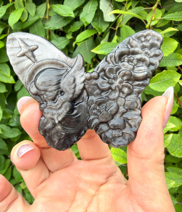 Silver Sheen Obsidian Butterfly Carvings
