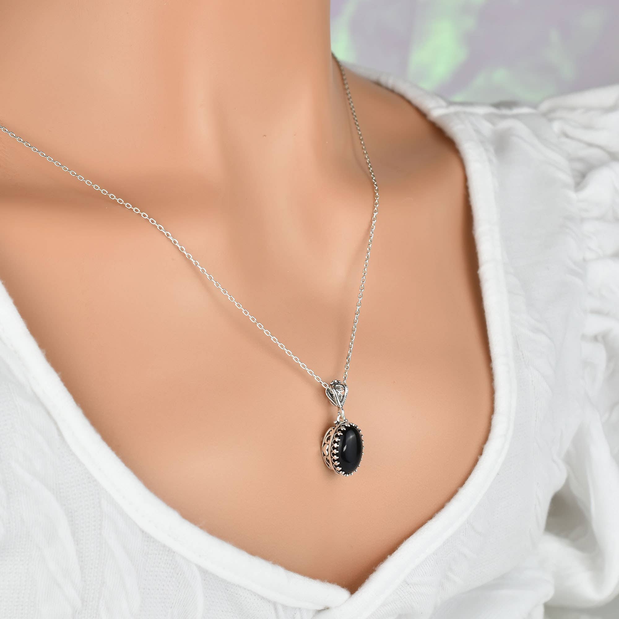 Black Onyx & Sterling Silver Heart Necklace