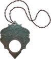 Decorative pendant with 'Tabula Mortem' text and beaded chain on a white background