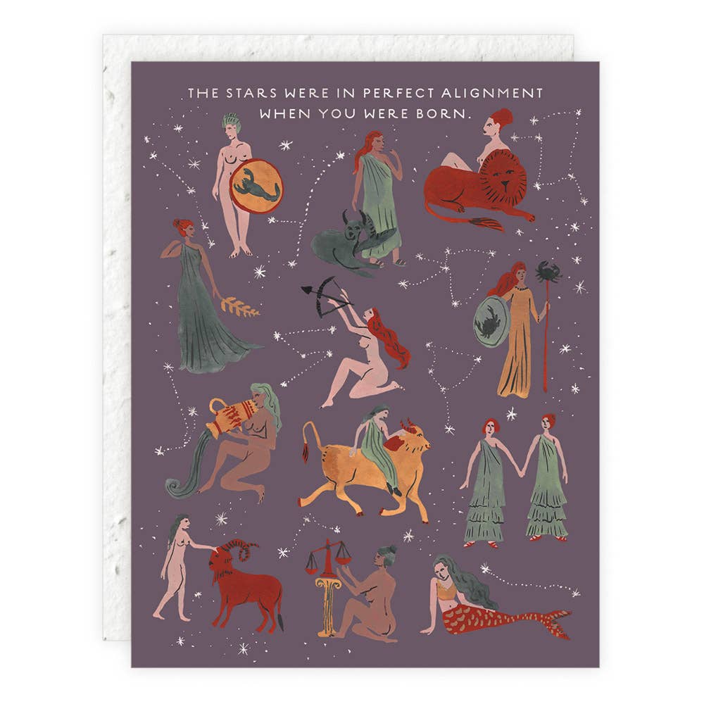 Illustration of zodiac signs with corresponding constellations on a purple background.