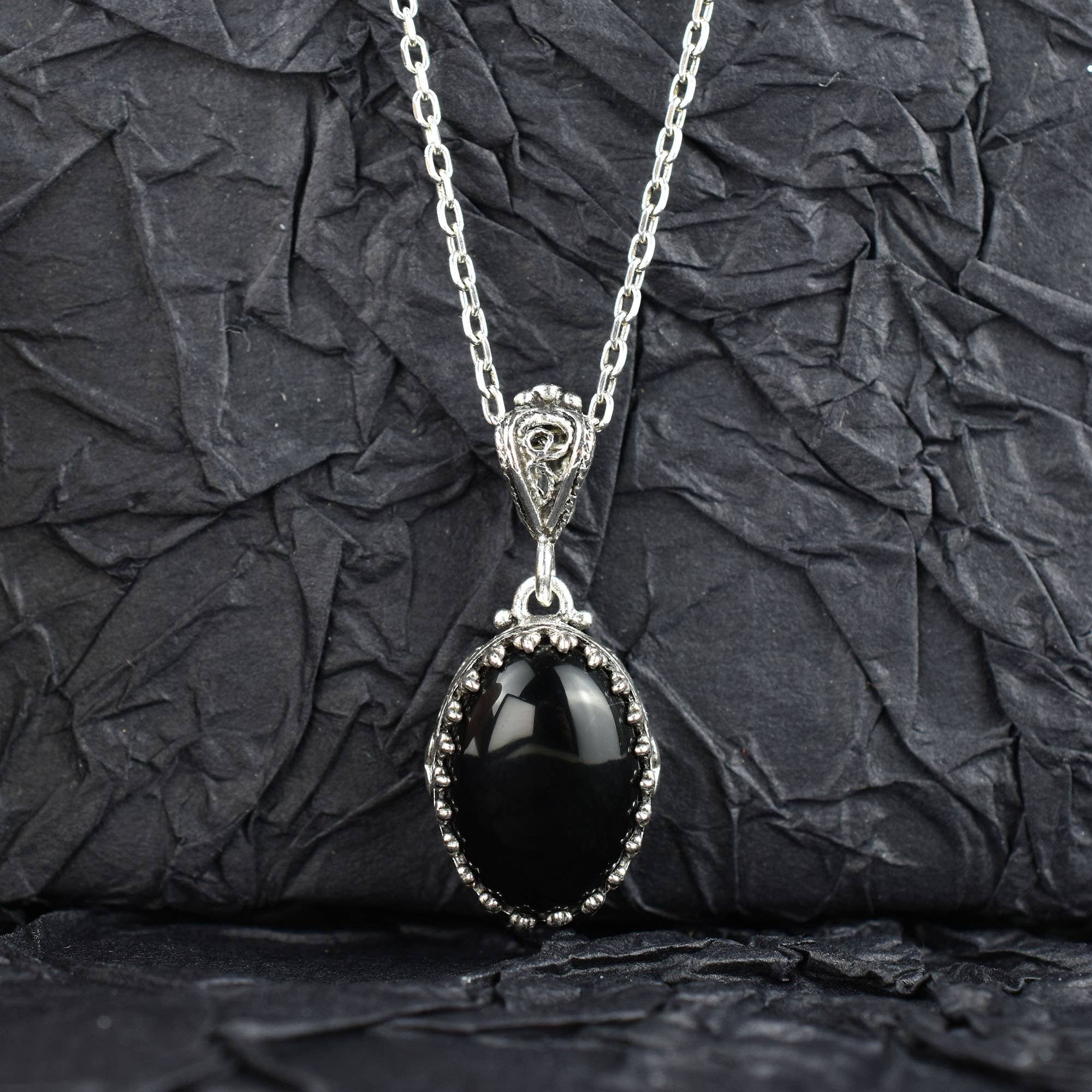 Black Onyx & Sterling Silver Heart Necklace