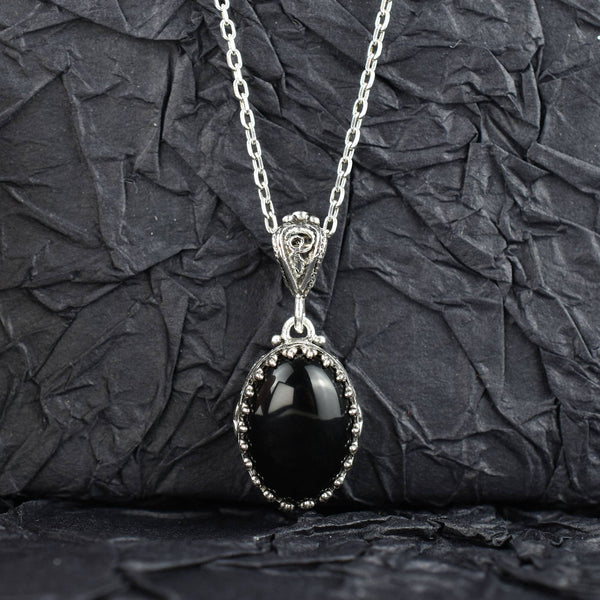 Black Onyx & Sterling Silver Heart Necklace