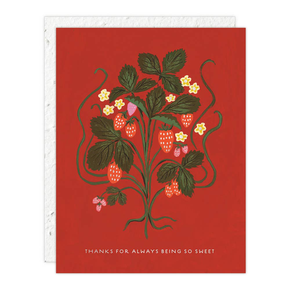 Card with strawberry plant illustration on a red background