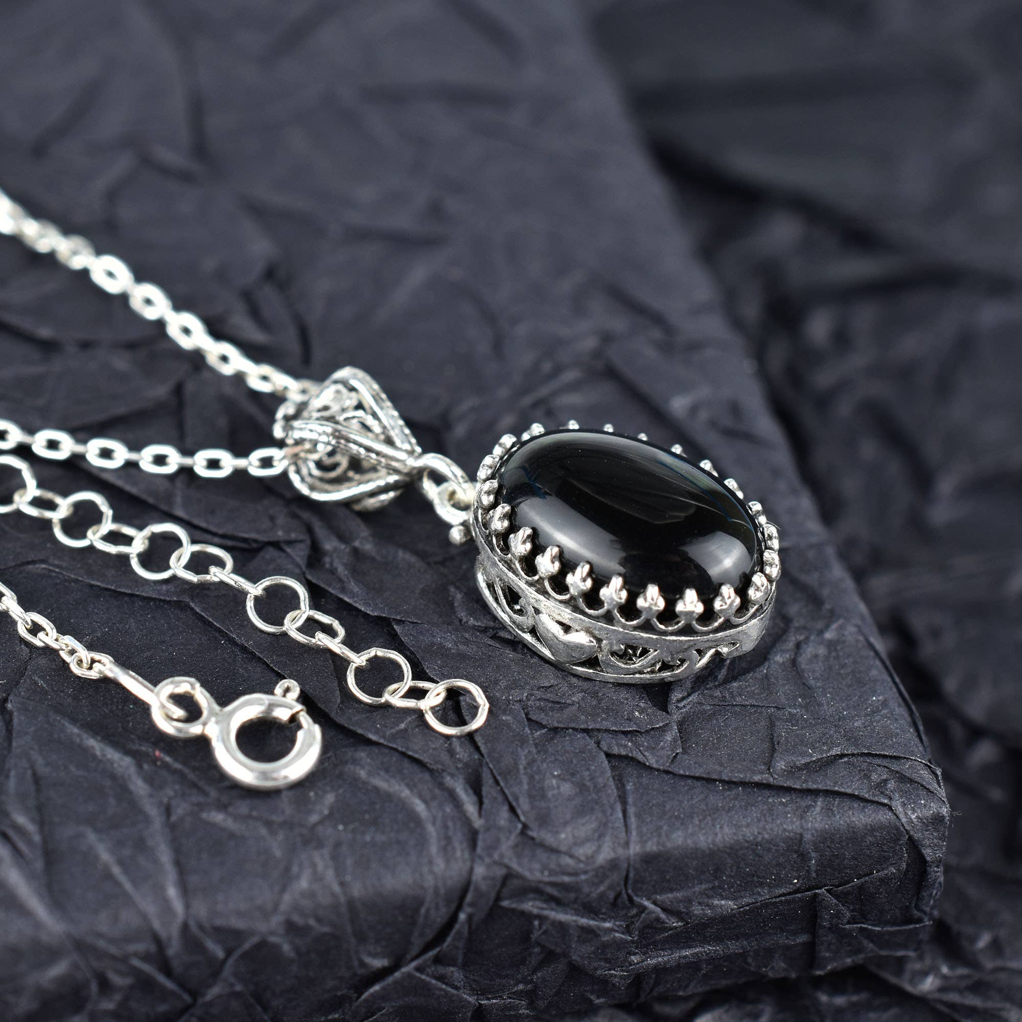 Black Onyx & Sterling Silver Heart Necklace