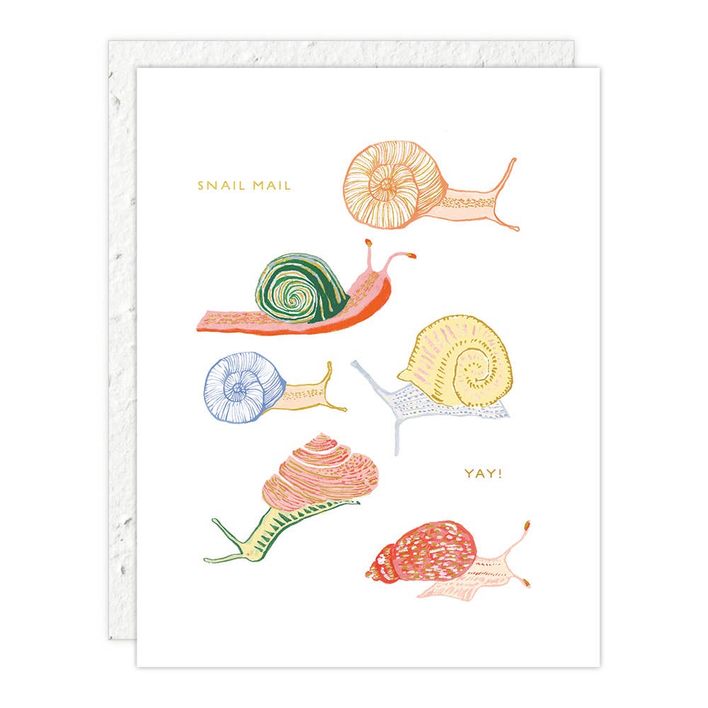 Greeting card with colorful snails and 'Snail Mail' text on a white background
