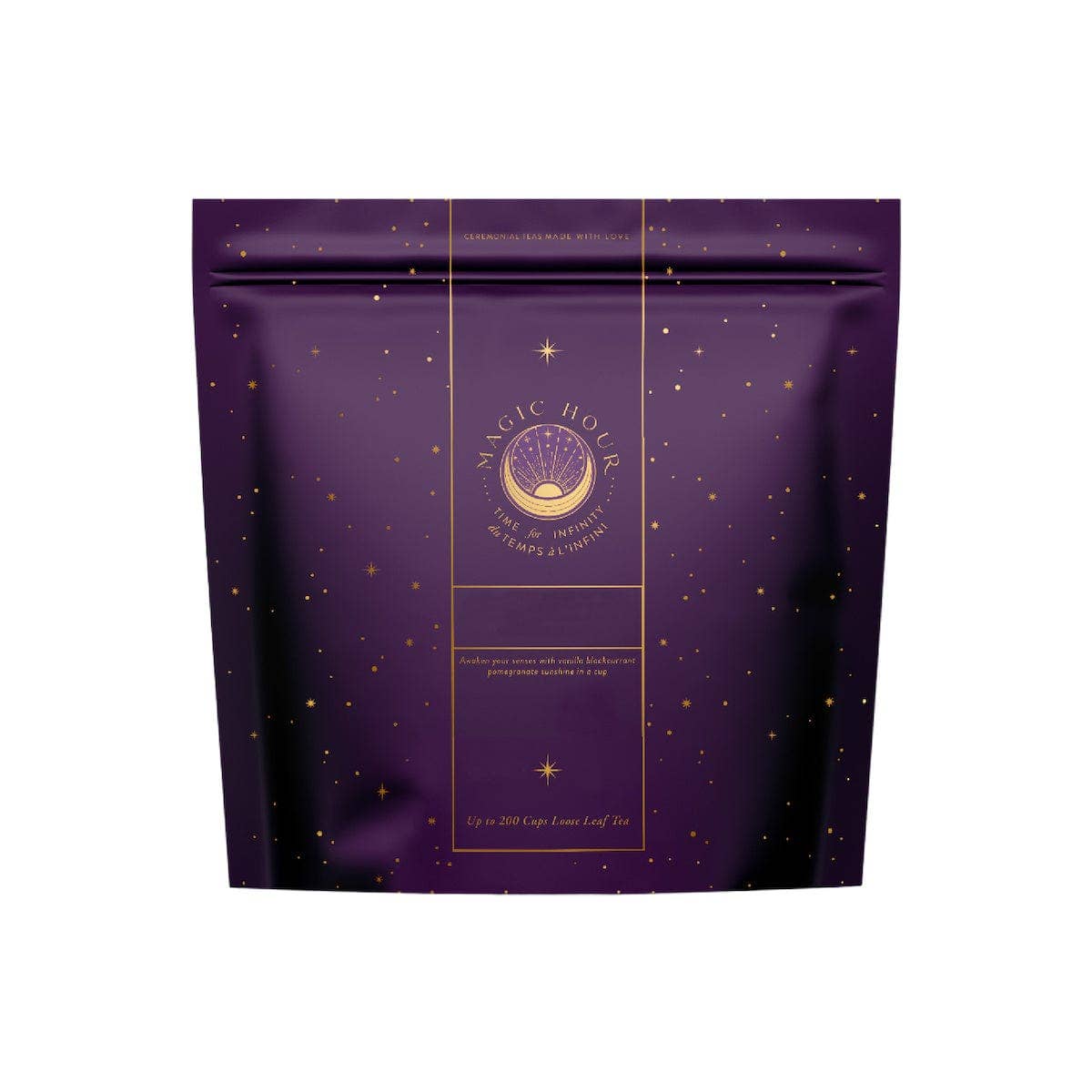 A purple pouch printed with the Magic Hour logo.