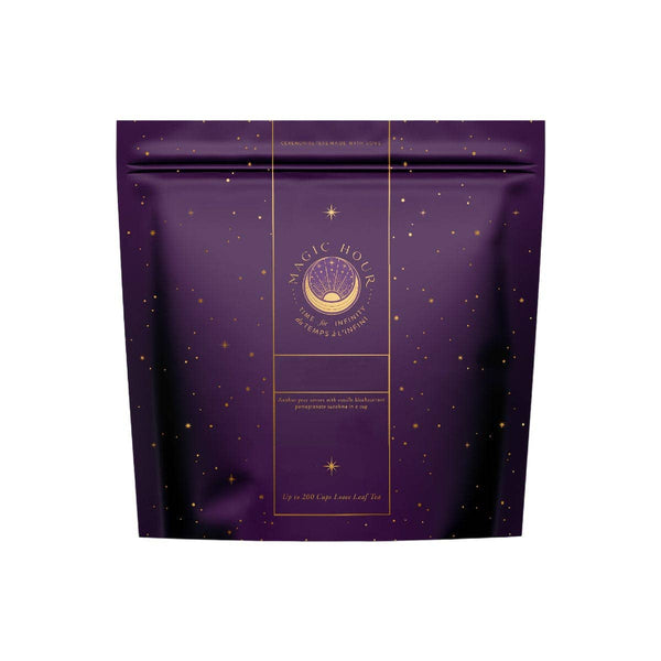 A purple pouch printed with the Magic Hour logo.