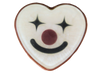 Funhouse Soap top-down view - white heart-shaped soap with a clown face design featuring black four-pointed star eyes, a dark red nose, and a black smile, with a red edge, on a white background
