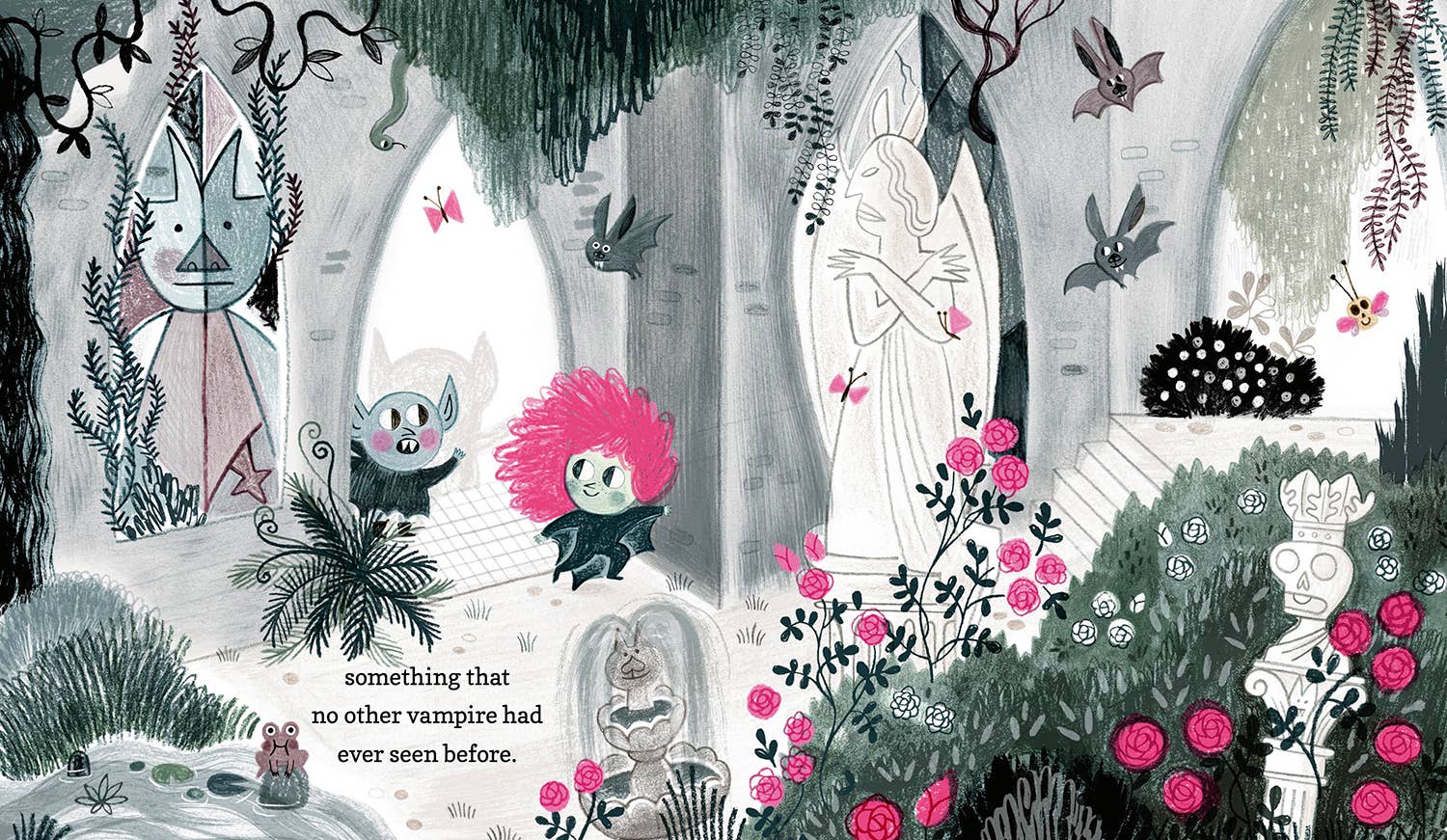 Interior spread from Vlad, The Fabulous Vampire showing Vlad and a pink-haired friend exploring a gothic garden with bats, roses, and stone arches in muted tones with pink accents