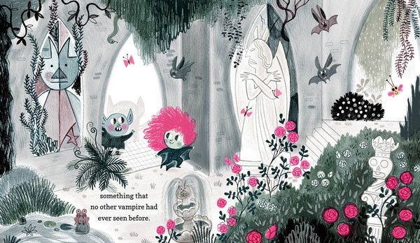 Interior spread from Vlad, The Fabulous Vampire showing Vlad and a pink-haired friend exploring a gothic garden with bats, roses, and stone arches in muted tones with pink accents
