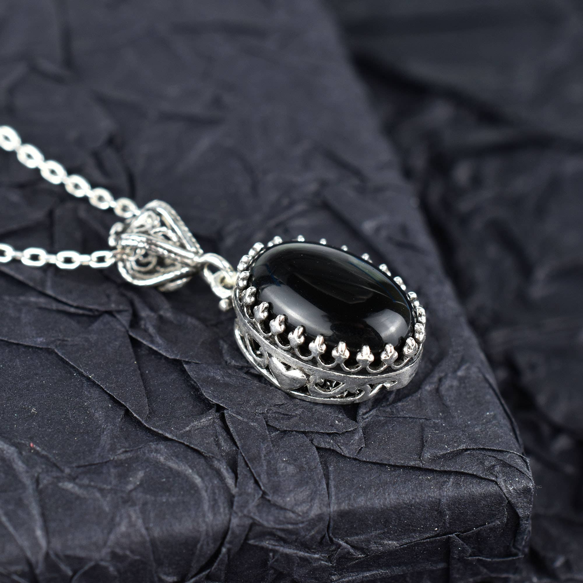 Black Onyx & Sterling Silver Heart Necklace