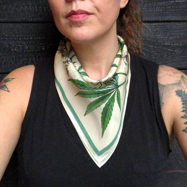 Botanical Cannabis Silk Bandana - 17 x 17 Inches