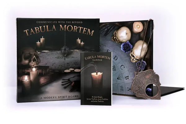 Tabula Mortem spirit board set with packaging, planchette, and decorative elements on a white background