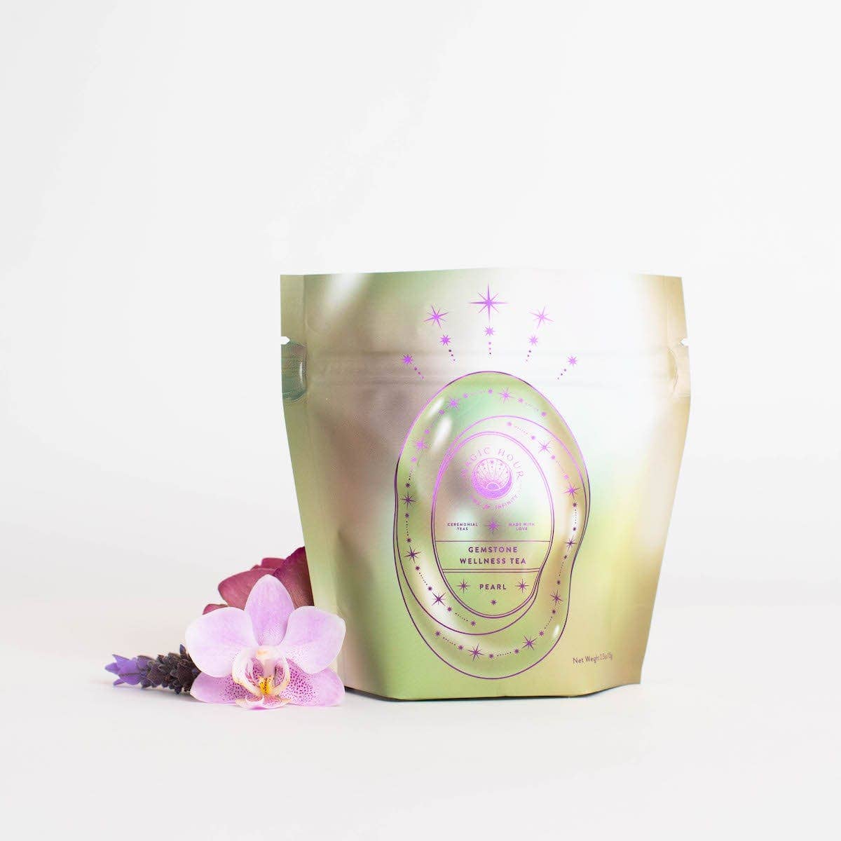 A pouch of Pearl gemstone wellness tea