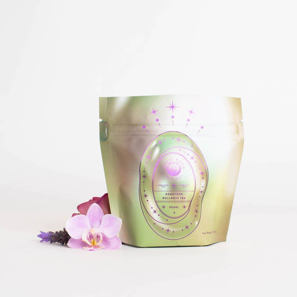 A pouch of Pearl gemstone wellness tea
