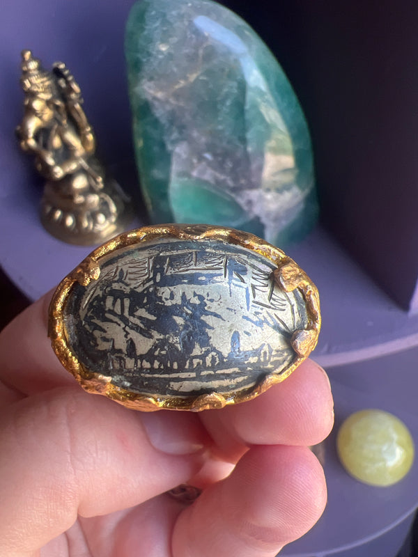 Engraved Brass Landscape with Gold Vermeil Ring