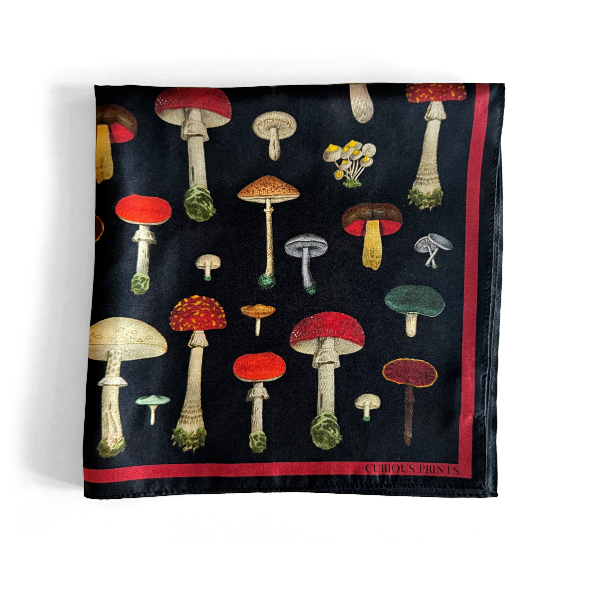 Vintage Black Mushroom Silk Bandana - 17 x 17 Inches