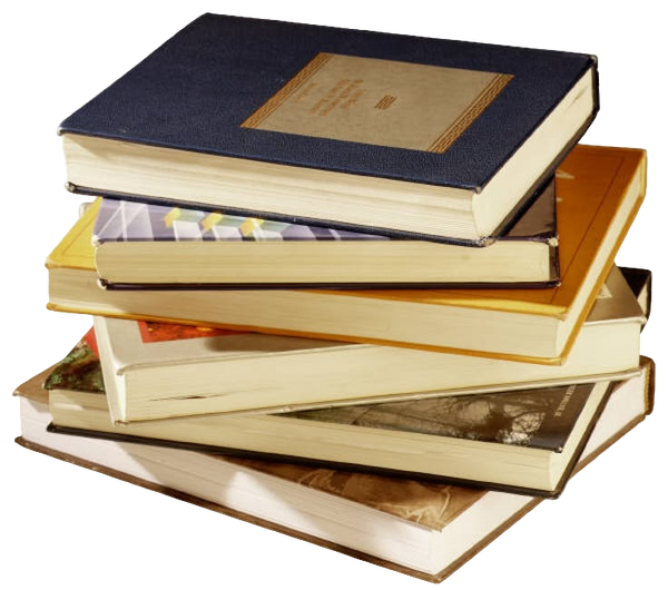 A stack of five hardcover books in various colors, including navy blue, yellow, orange, and beige, isolated on a white background.