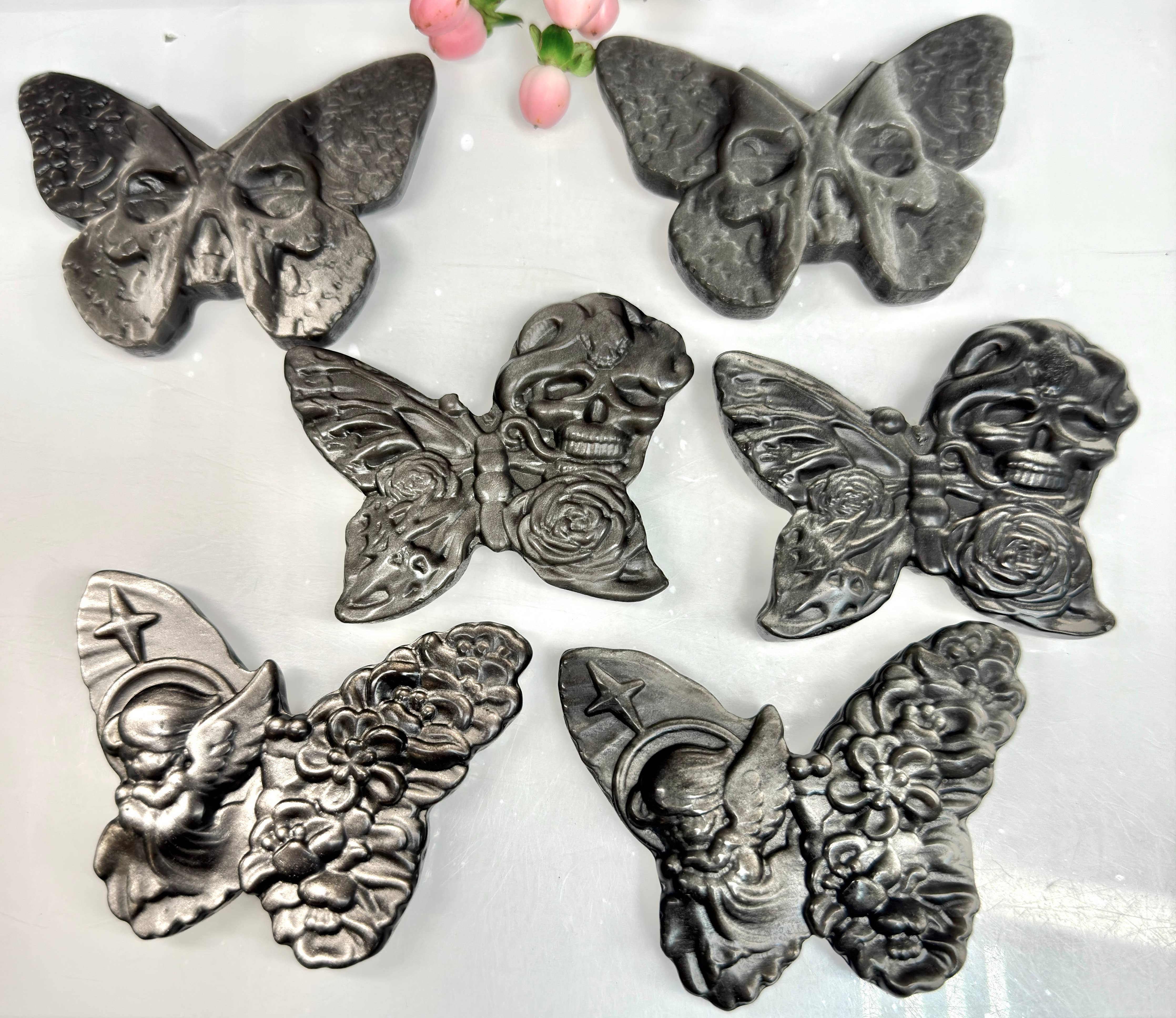 Silver Sheen Obsidian Butterfly Carvings