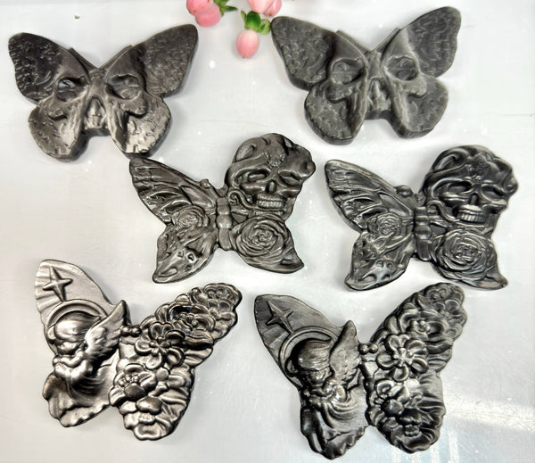 Silver Sheen Obsidian Butterfly Carvings