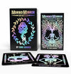 Morbid Mirror Oracle deck box, guidebook, and two cards displayed on a white background. The items feature black bases with holographic rainbow foil artwork of a skull and skeleton.