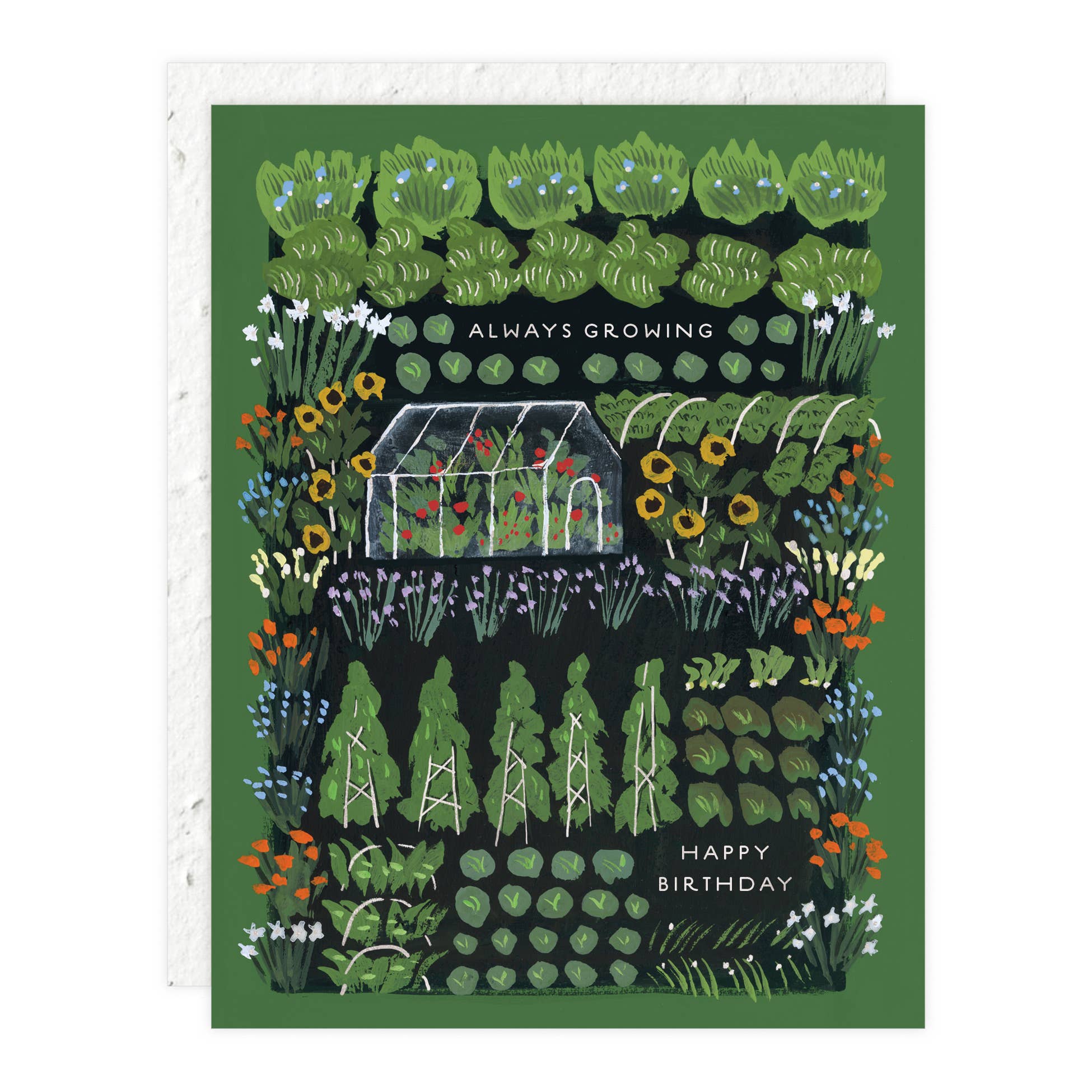 Greeting card with illustrations of a garden and greenhouse, featuring the text 'Always Growing' and 'Happy Birthday'.