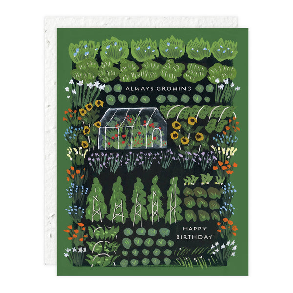 Greeting card with illustrations of a garden and greenhouse, featuring the text 'Always Growing' and 'Happy Birthday'.