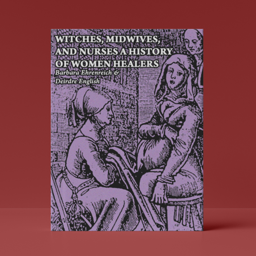 Book cover of 'Witches, Midwives, and Nurses: A History of Women Healers' with black and white illustrations on a purple background.