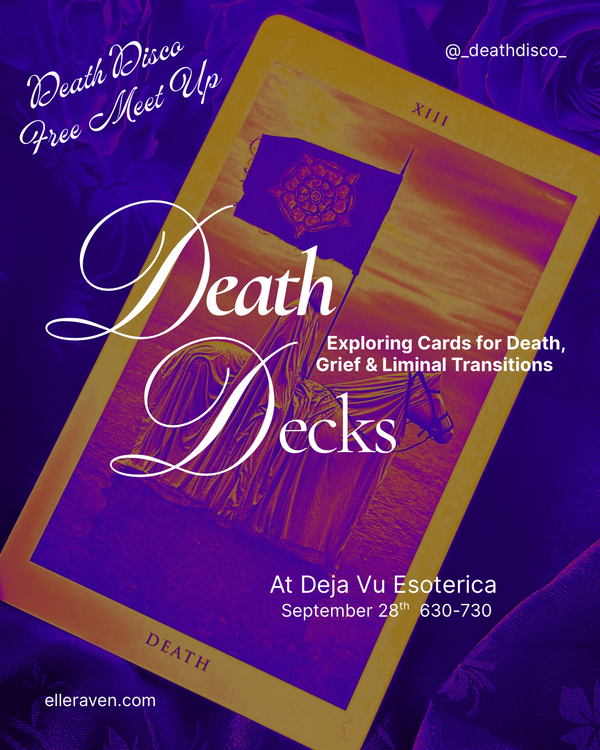Promotional graphic for a Death Disco Free Meet Up featuring the 'Death Decks' tarot deck. The image displays a tarot card deck box at an angle, showing a card with a purple and gold design.