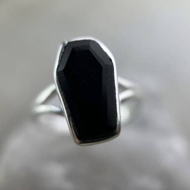 BLACK ONYX COFFIN RING STERLING SILVER