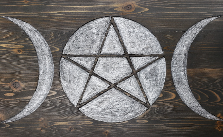 Triple Moon Pentagram Pedestal Altar Table with Shelf